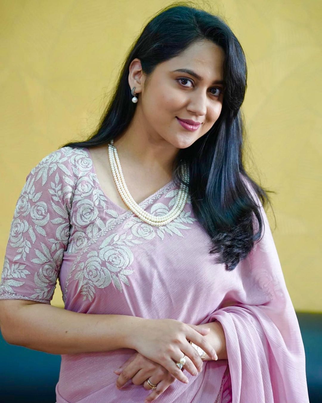 Malayalam Actress Miya George Stills in Violet Saree